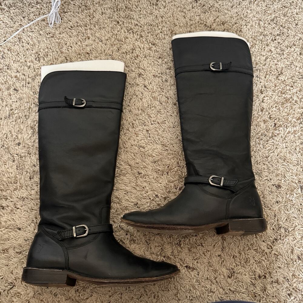 FRYE Shirley Black Leather Equestrian Riding Boots 7 Tall Knee High Western - Picture 2 of 12